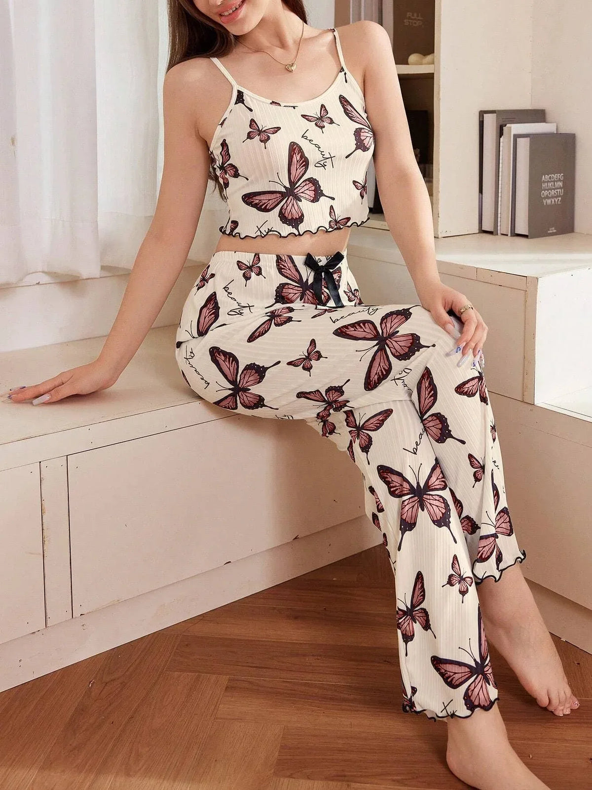 Ribbed cami and pants pajama set with butterfly print - View 25 | TEVQA