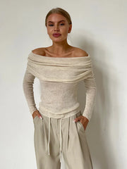 Fold-Over Off-Shoulder Knit Top - TEVQA
