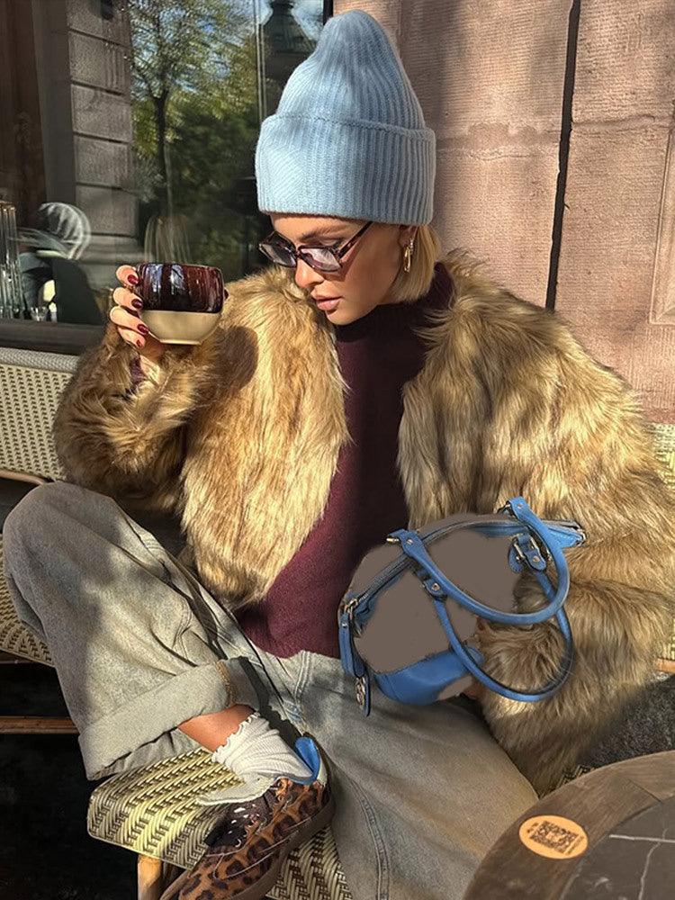 Plush Faux Fur Cropped Jacket - View 7 | TEVQA