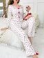 Ribbed Heart Print Pajama Set - View 37 | TEVQA