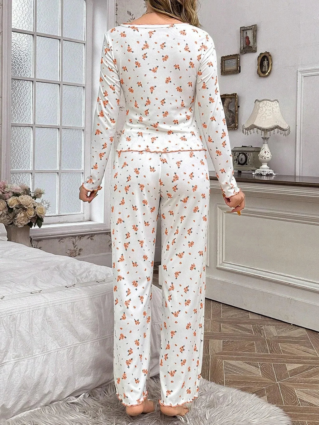 Ribbed Knit Floral Pajama Set - View 20 | TEVQA