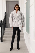Luxe Grey Belted Faux Fur Coat - View 8 | TEVQA