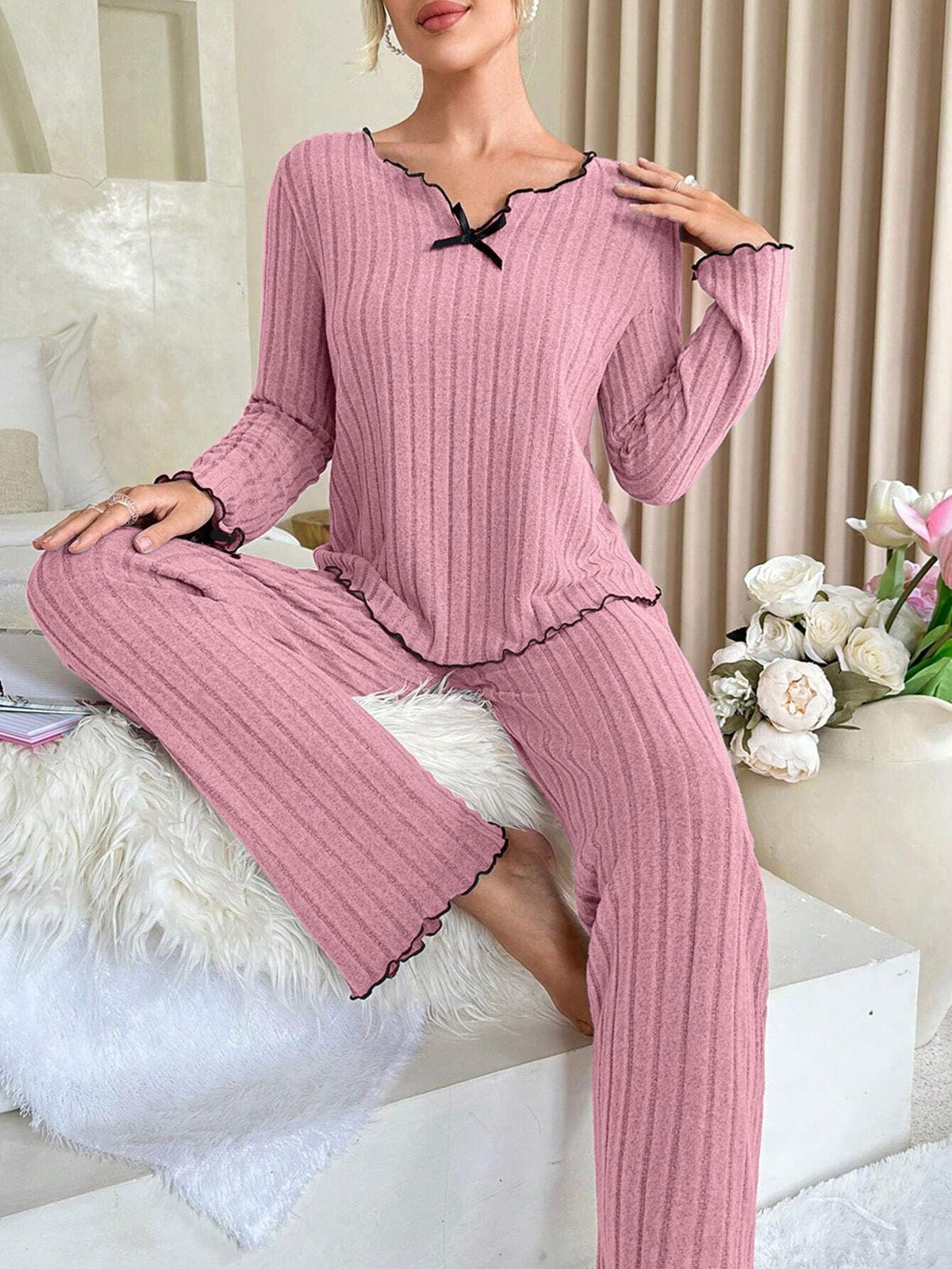 Coquette Contrast Trim Ribbed Pajama Set