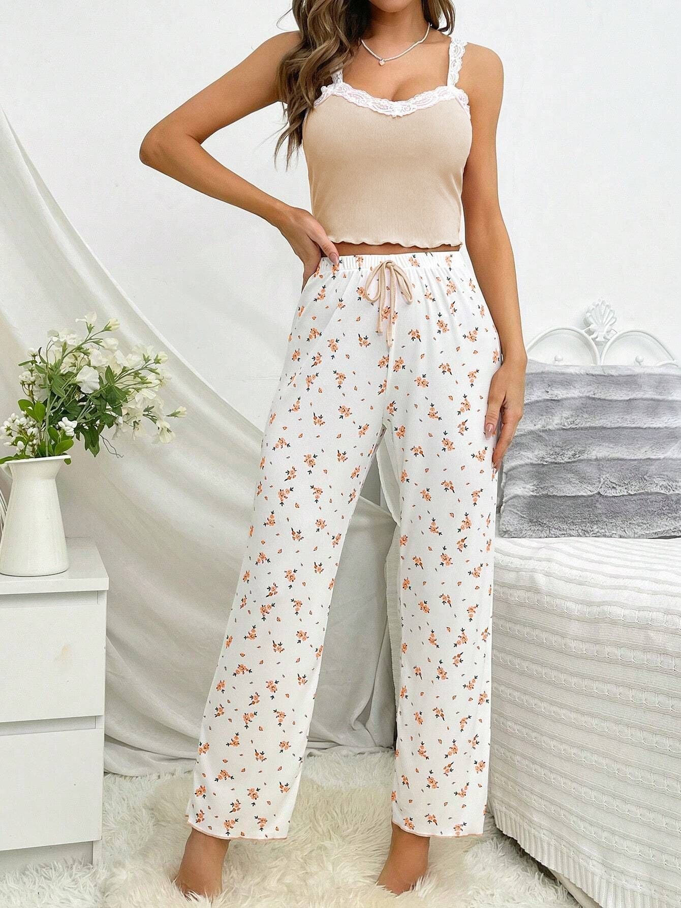Pink Ribbed Cami & Floral Pants Pajama Set