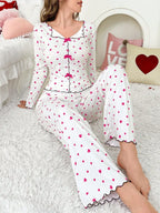 Ribbed Heart Print Pajama Set - View 36 | TEVQA