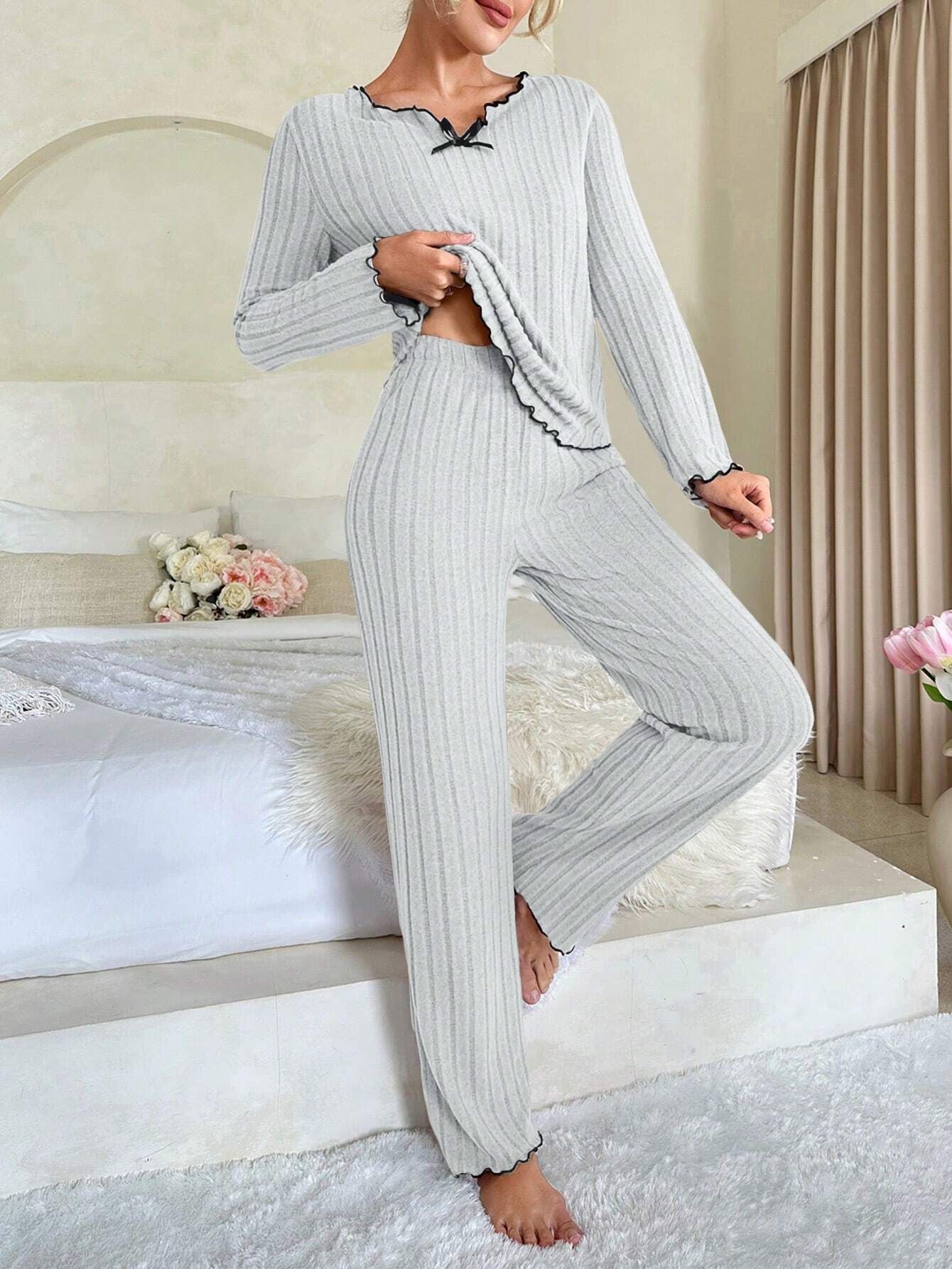 Coquette Contrast Trim Ribbed Pajama Set