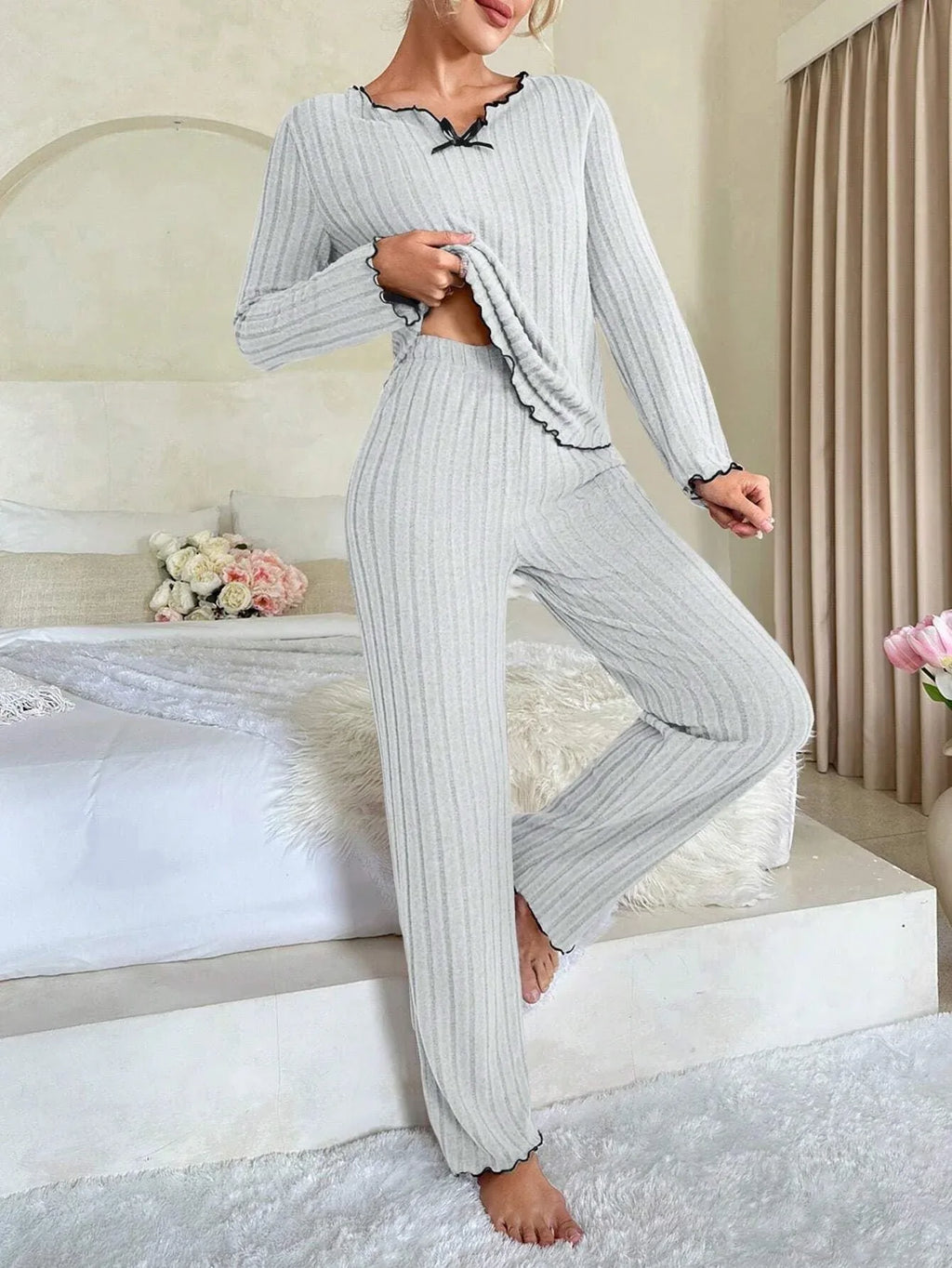 Ribbed Pajama Set with Contrast Trim - View 17 | TEVQA