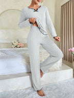 Ribbed Pajama Set with Contrast Trim - View 17 | TEVQA