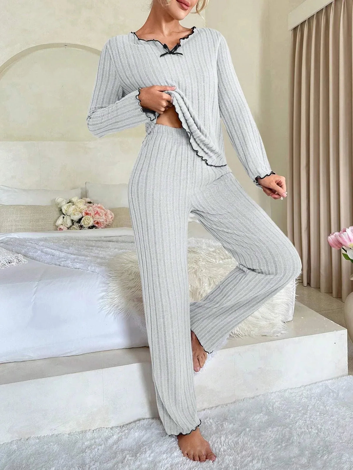Ribbed Pajama Set with Contrast Trim - View 17 | TEVQA