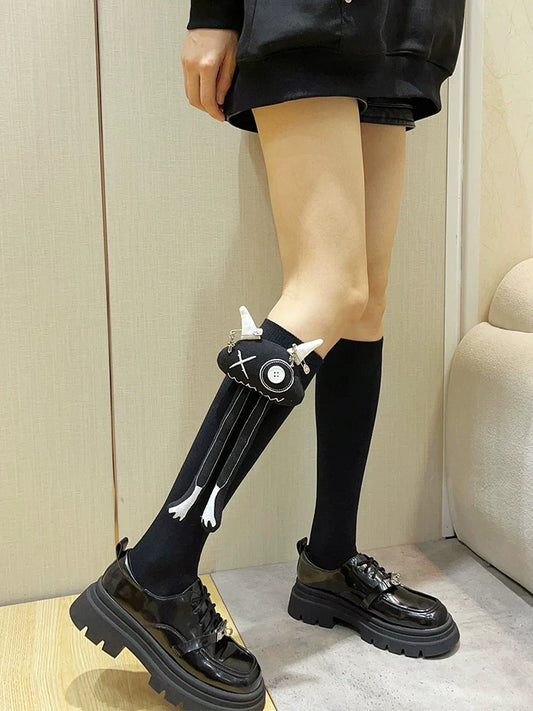 3D Monster Doll Ribbed Knee High Socks Black