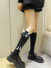 3D Monster Doll Ribbed Knee High Socks Black