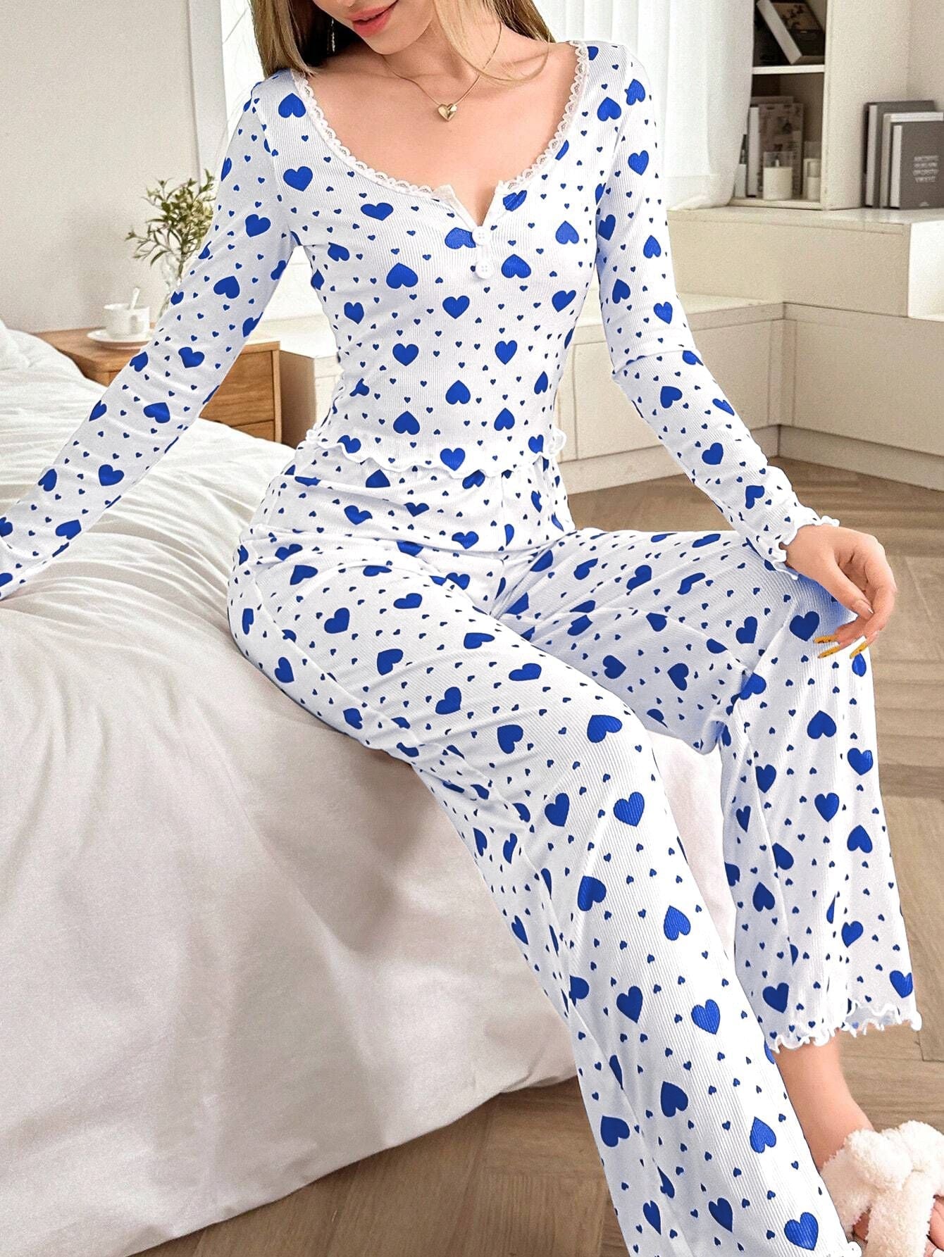 Pink Heart Print Ribbed Henley Pajama Set