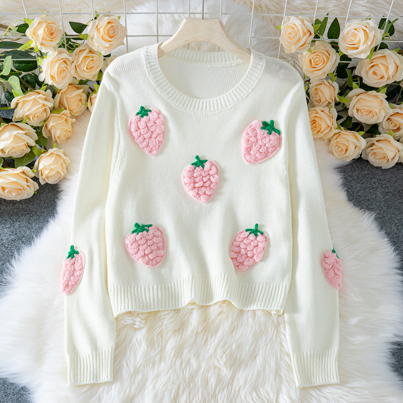 Sweet 3D Strawberry Applique Sweater
