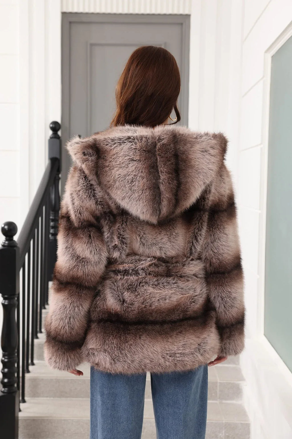 Faux fur coat with hood - View 8 | TEVQA