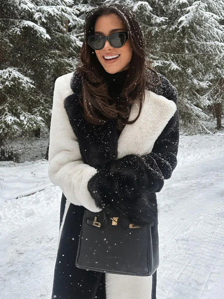 Avant-Garde Black and White Vertical Stripe Faux Fur Maxi Coat - View 6 | TEVQA