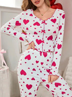 Ribbed Heart Print Pajama Set - View 10 | TEVQA