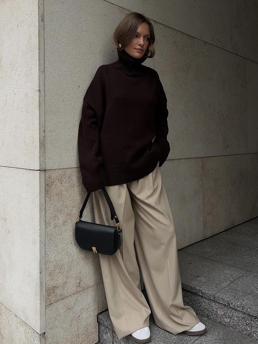 Effortless Oversized High-Neck Ribbed Knit Sweater - TEVQA