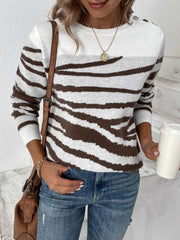Elegant Zebra Print Crew Neck Sweater