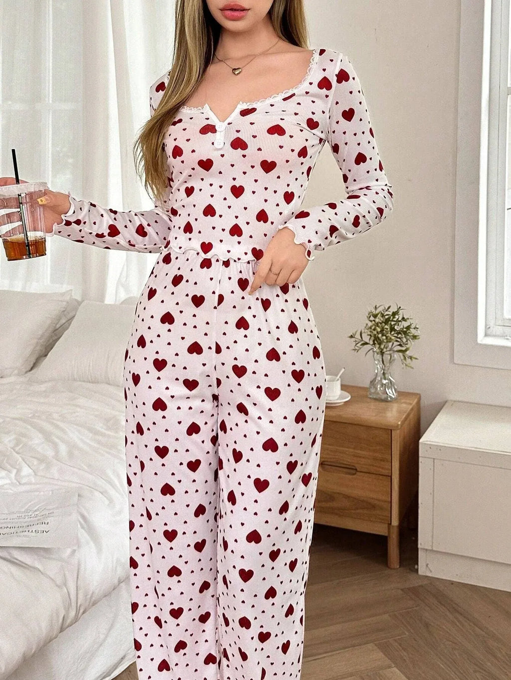 Ribbed Heart Print Pajama Set - View 19 | TEVQA