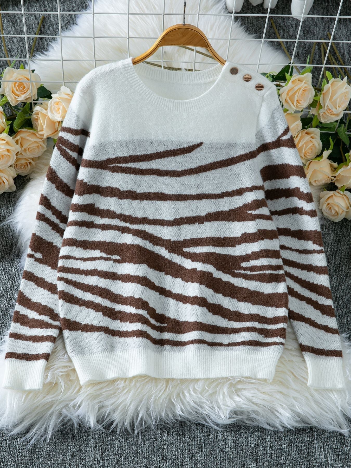 Elegant Zebra Print Crew Neck Sweater