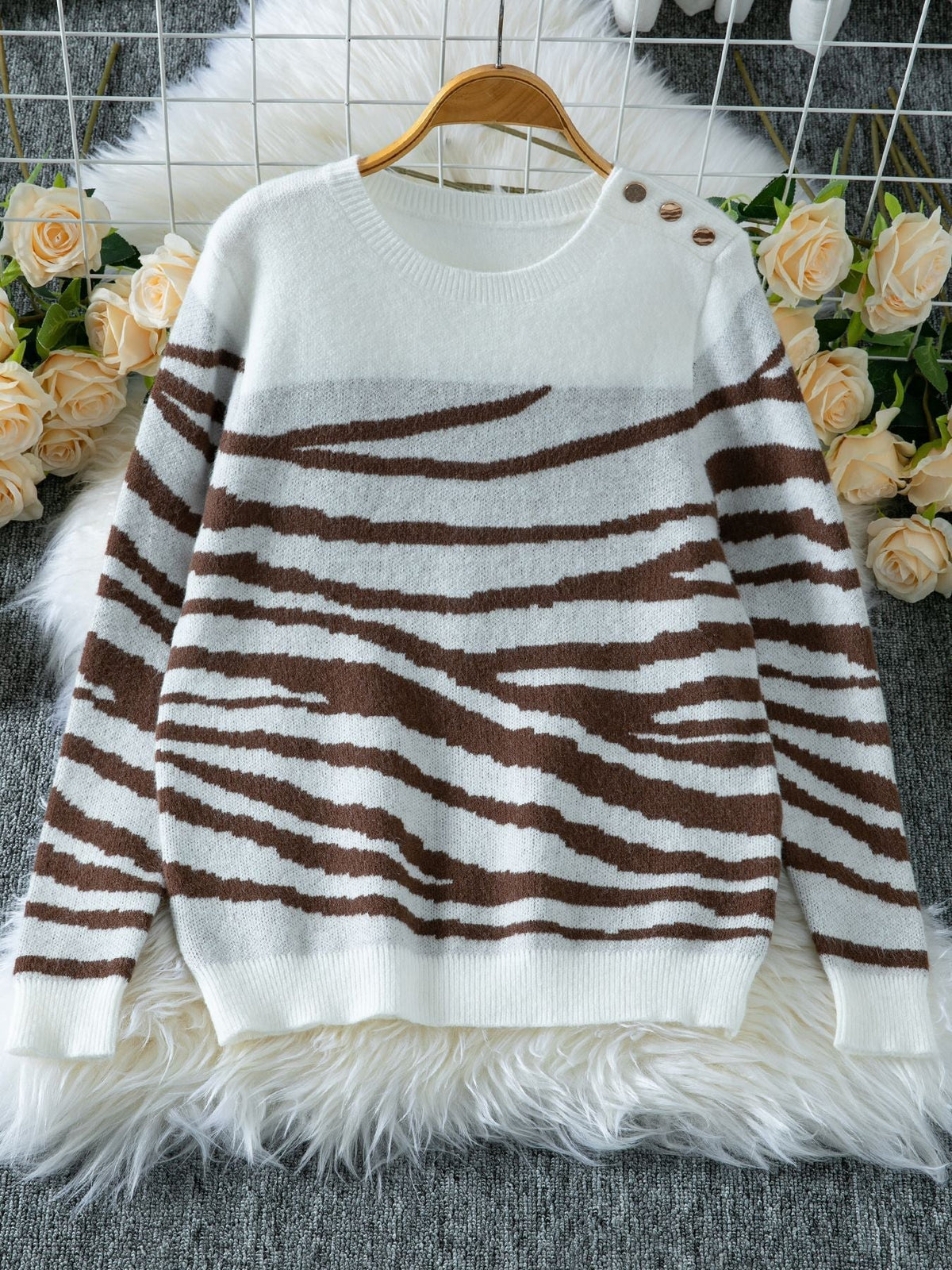 Elegant Zebra Print Crew Neck Sweater