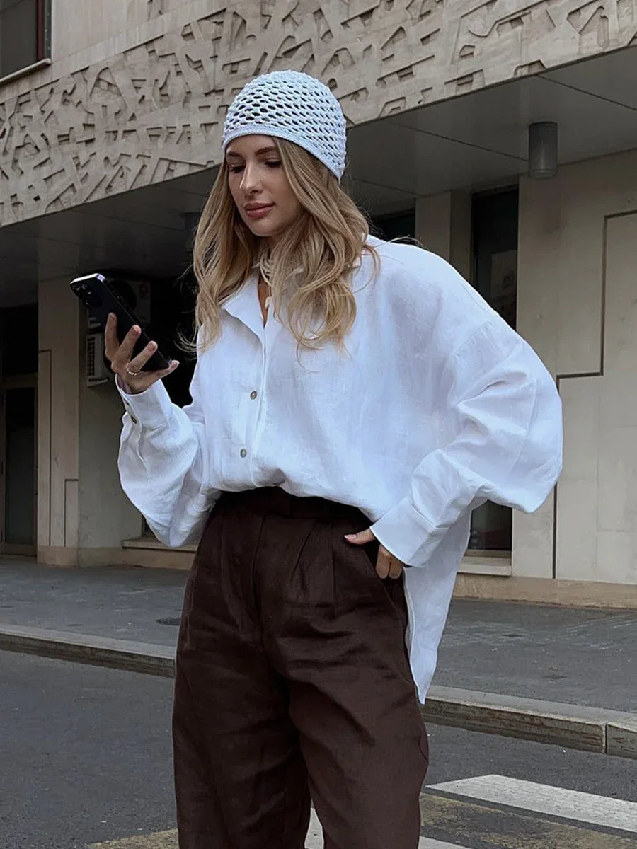 Effortless 100% Cotton Oversized Button Down Shirt - TEVQA