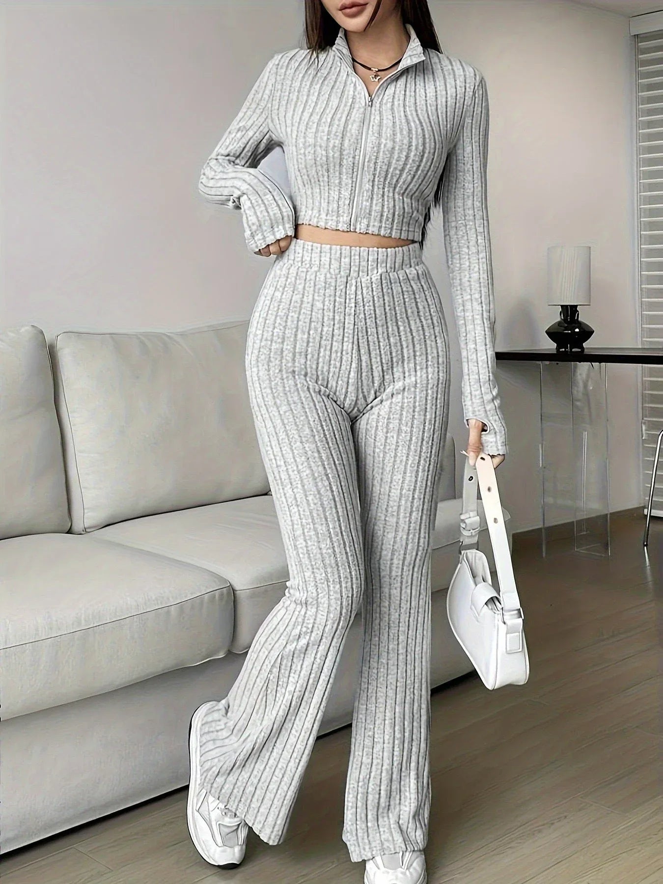 Vintage Moss Ribbed Knit Two-Piece Set - TEVQA