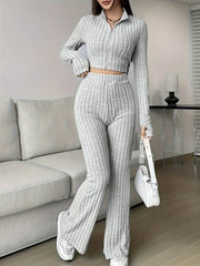 Vintage Moss Ribbed Knit Two-Piece Set - TEVQA
