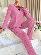 Ribbed Pajama Set with Contrast Trim - View 23 | TEVQA