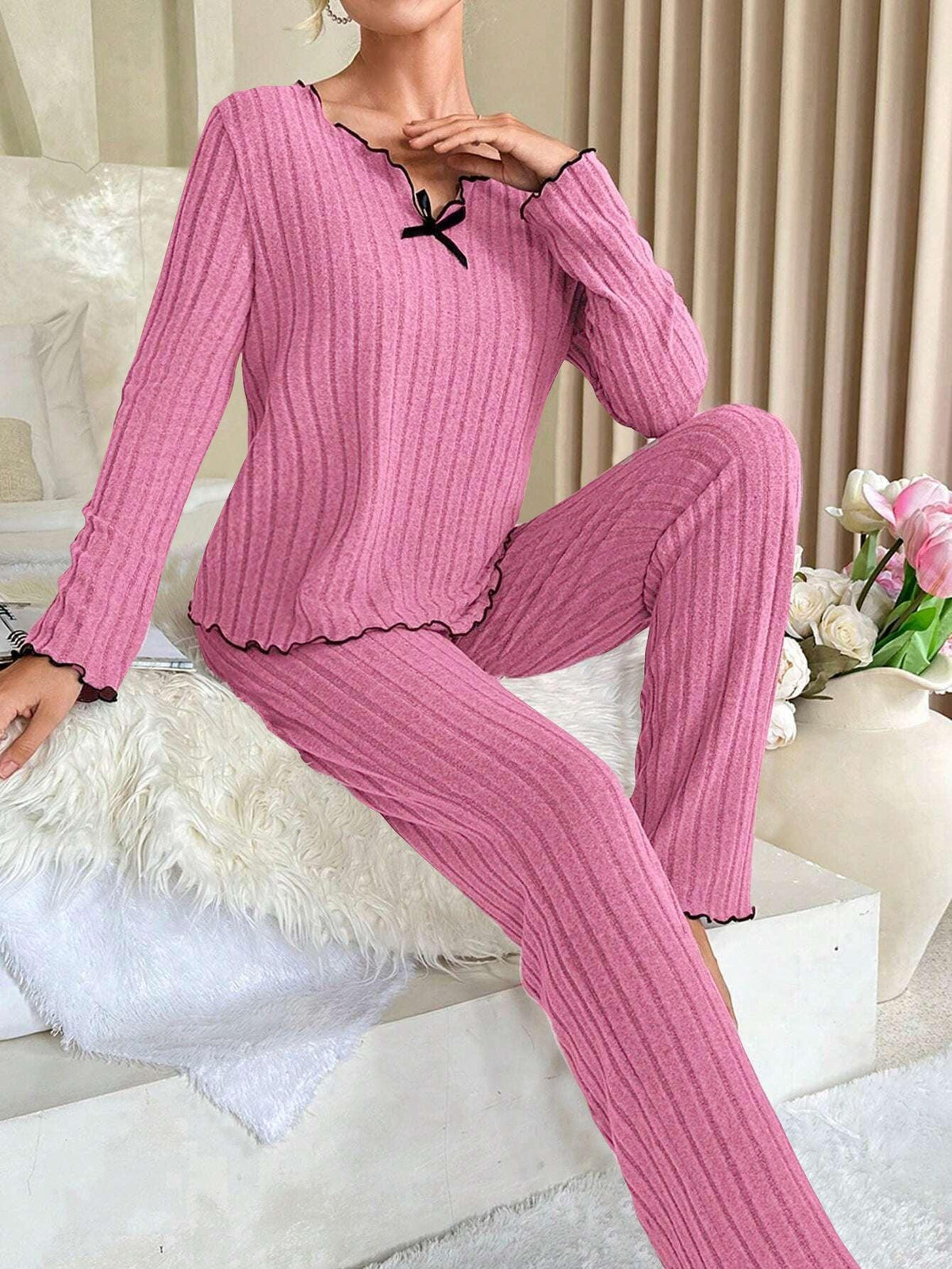 Ribbed Pajama Set with Contrast Trim - View 23 | TEVQA