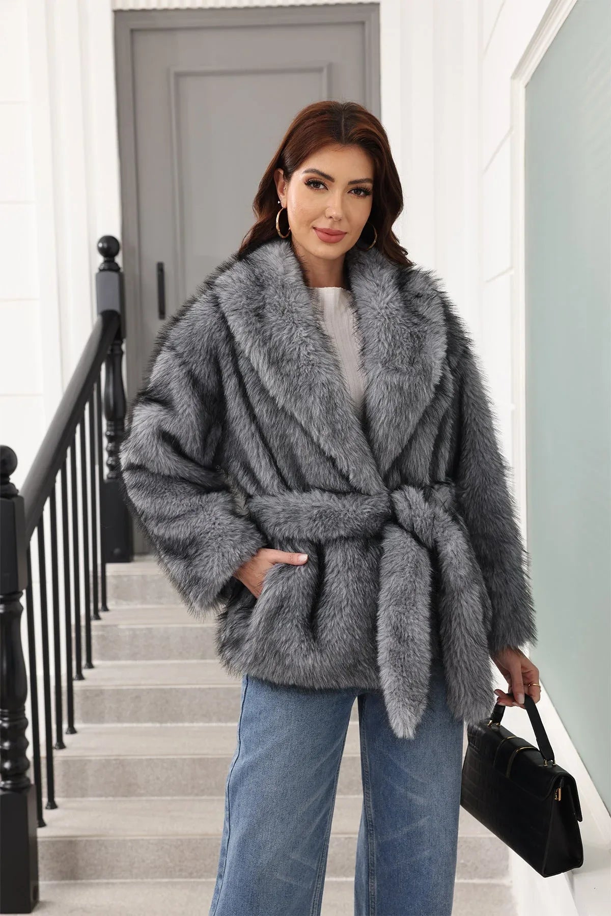 Belted Faux Fur Coat - Luxe Grey Outerwear Secondary image