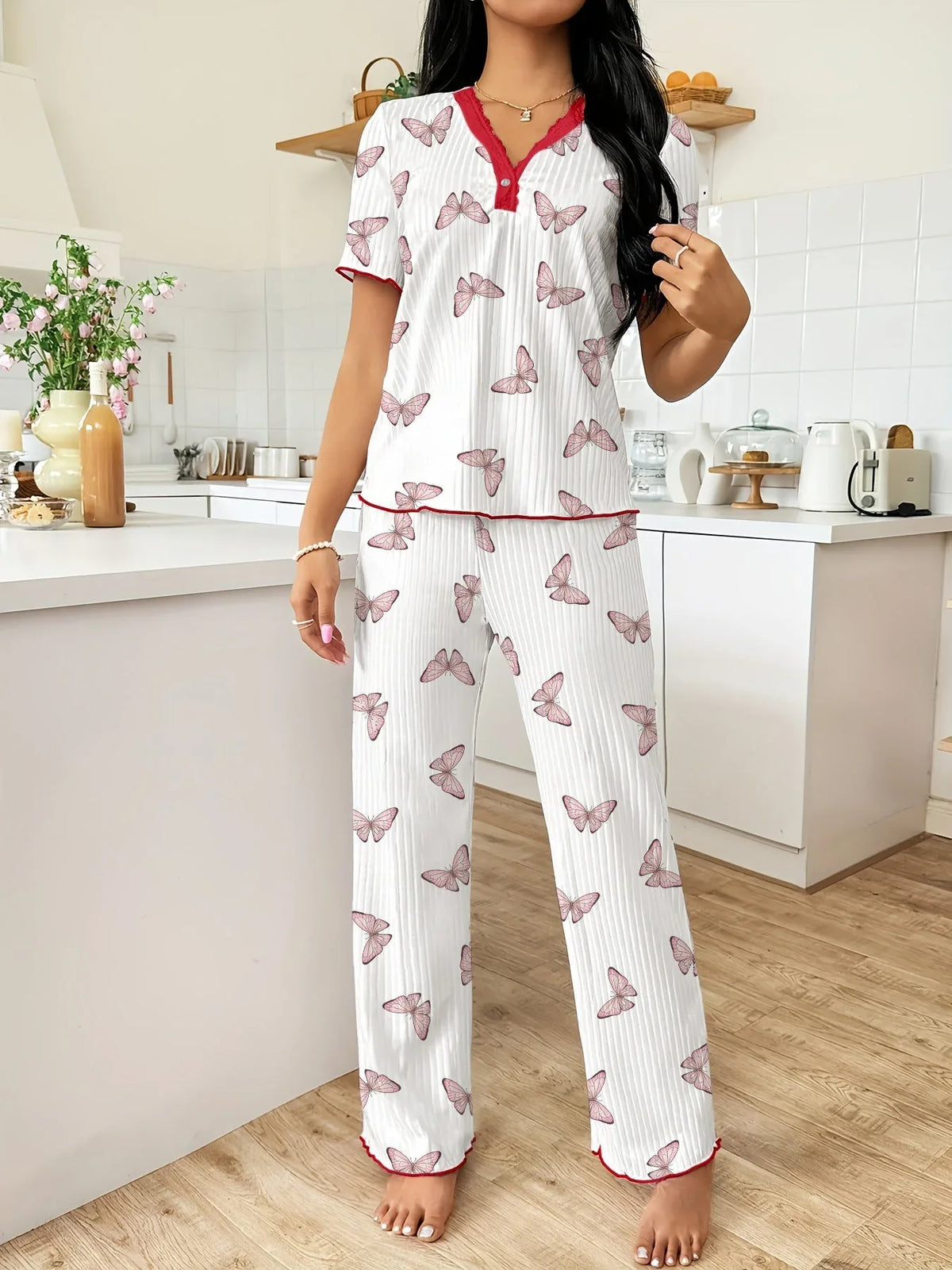 Ribbed Heart Print Lounge Set - View 8 | TEVQA