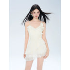 Asymmetric ruffle lace-up swimsuit apricot - View 6 | TEVQA