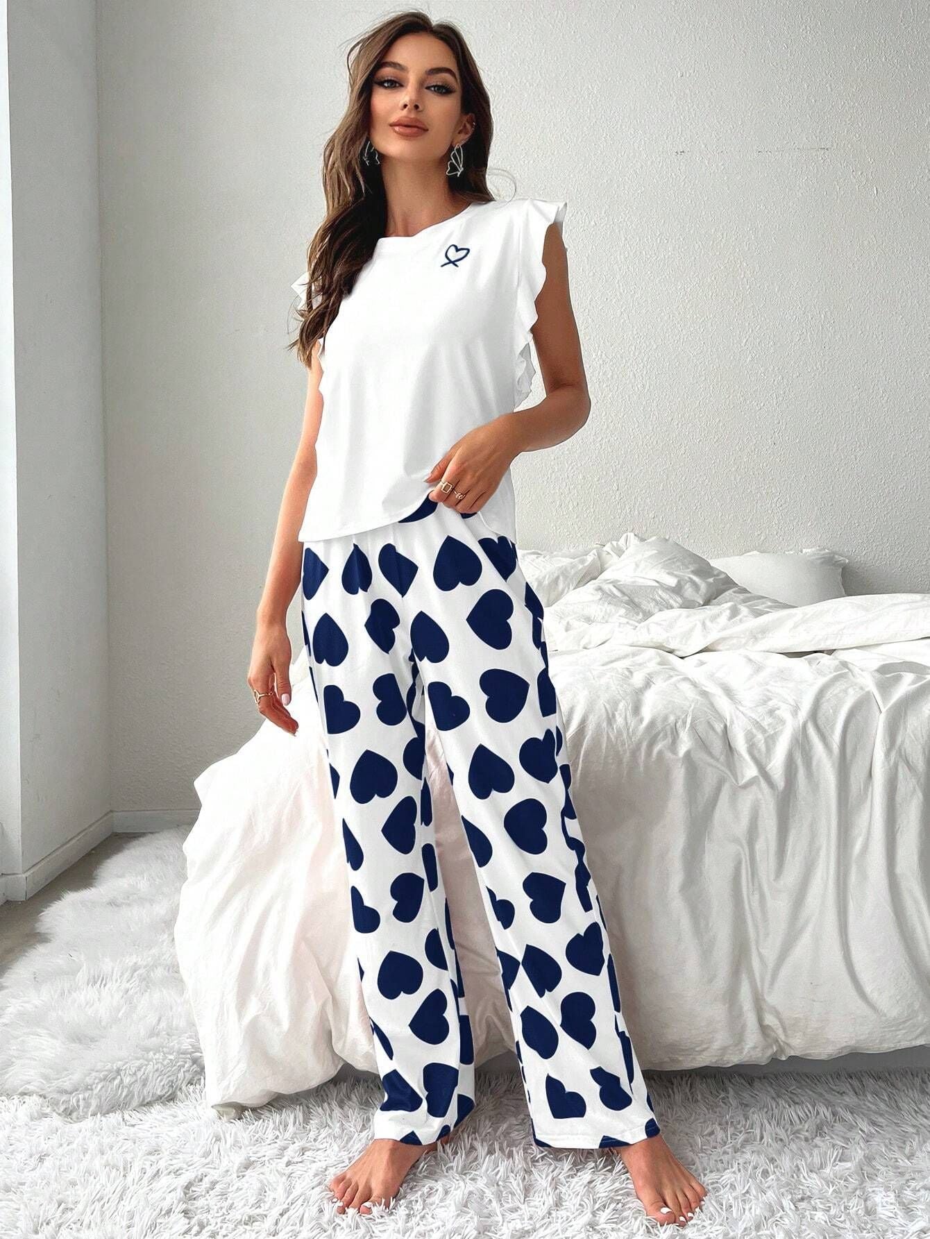 Coquette Pink Heart Print Ruffle Sleeve Pajama Set