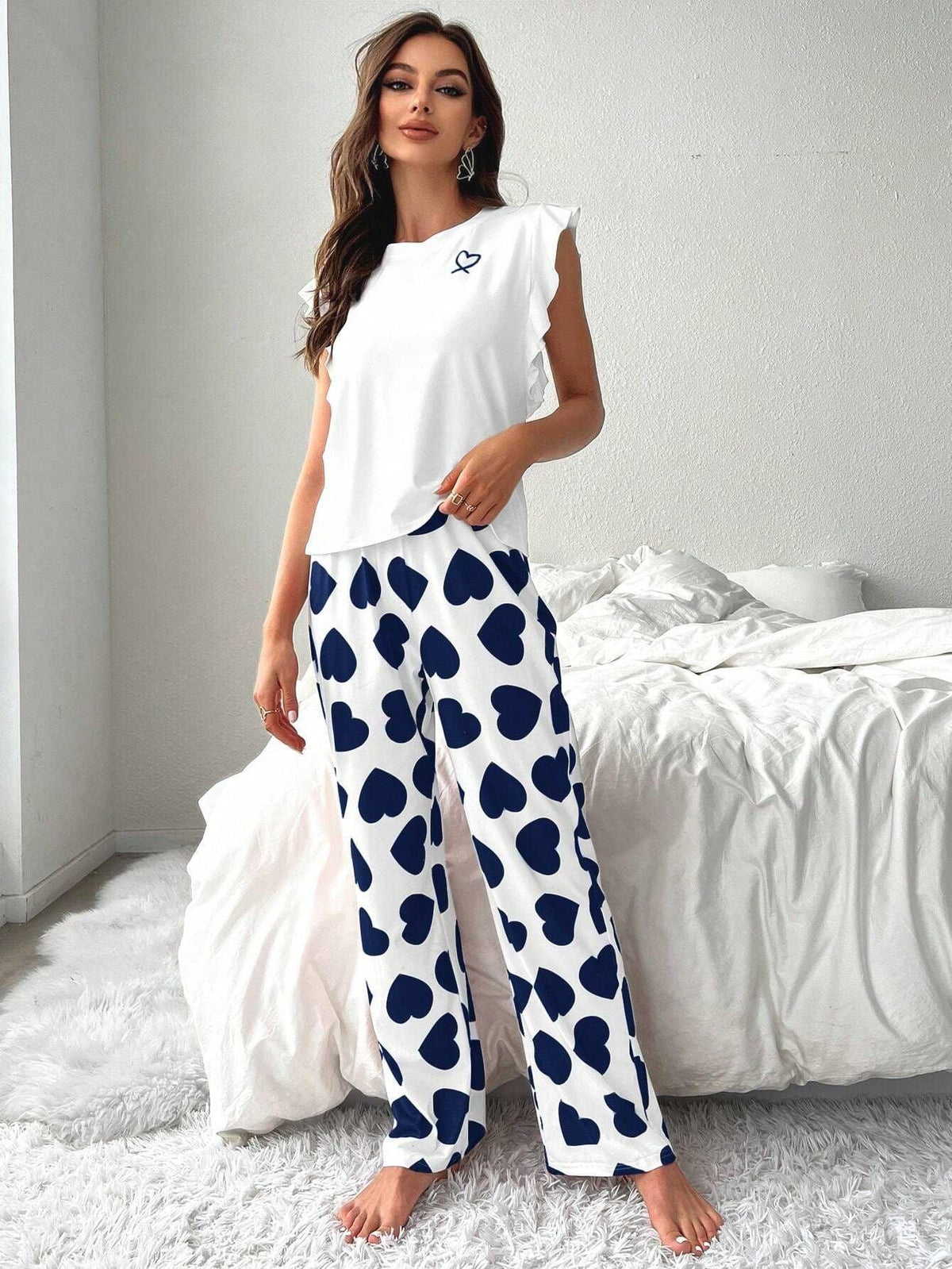 Heart print pajama set with ruffle sleeves - View 28 | TEVQA