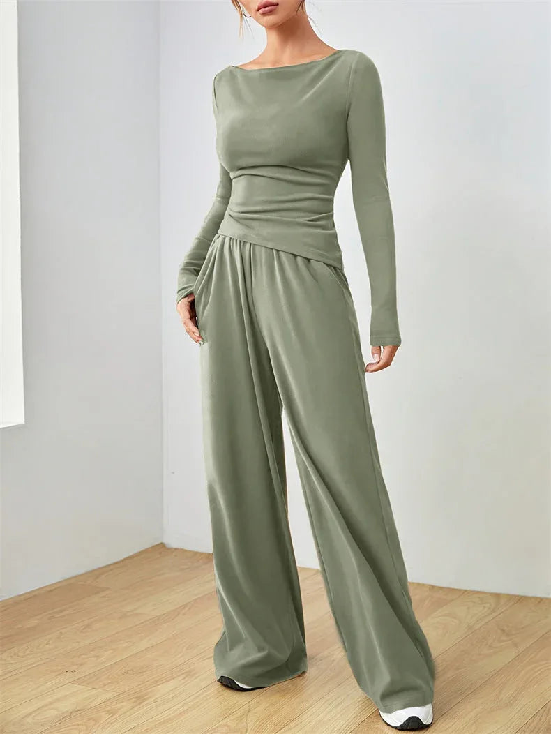 Women's Boat Neck Wide Leg Two-Piece Set - View 19 | TEVQA