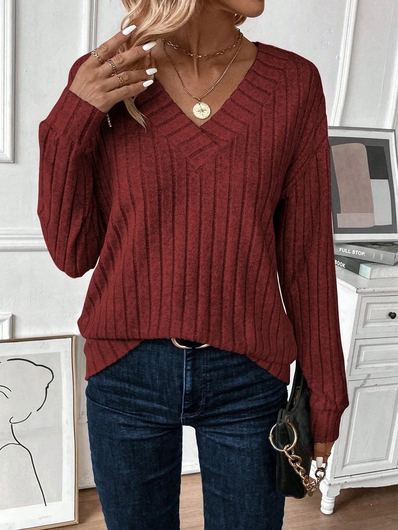 Wide Ribbed V-Neck Knit Top - View 9 | TEVQA