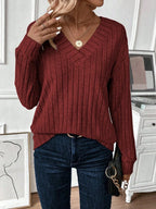 Wide Ribbed V-Neck Knit Top - View 9 | TEVQA