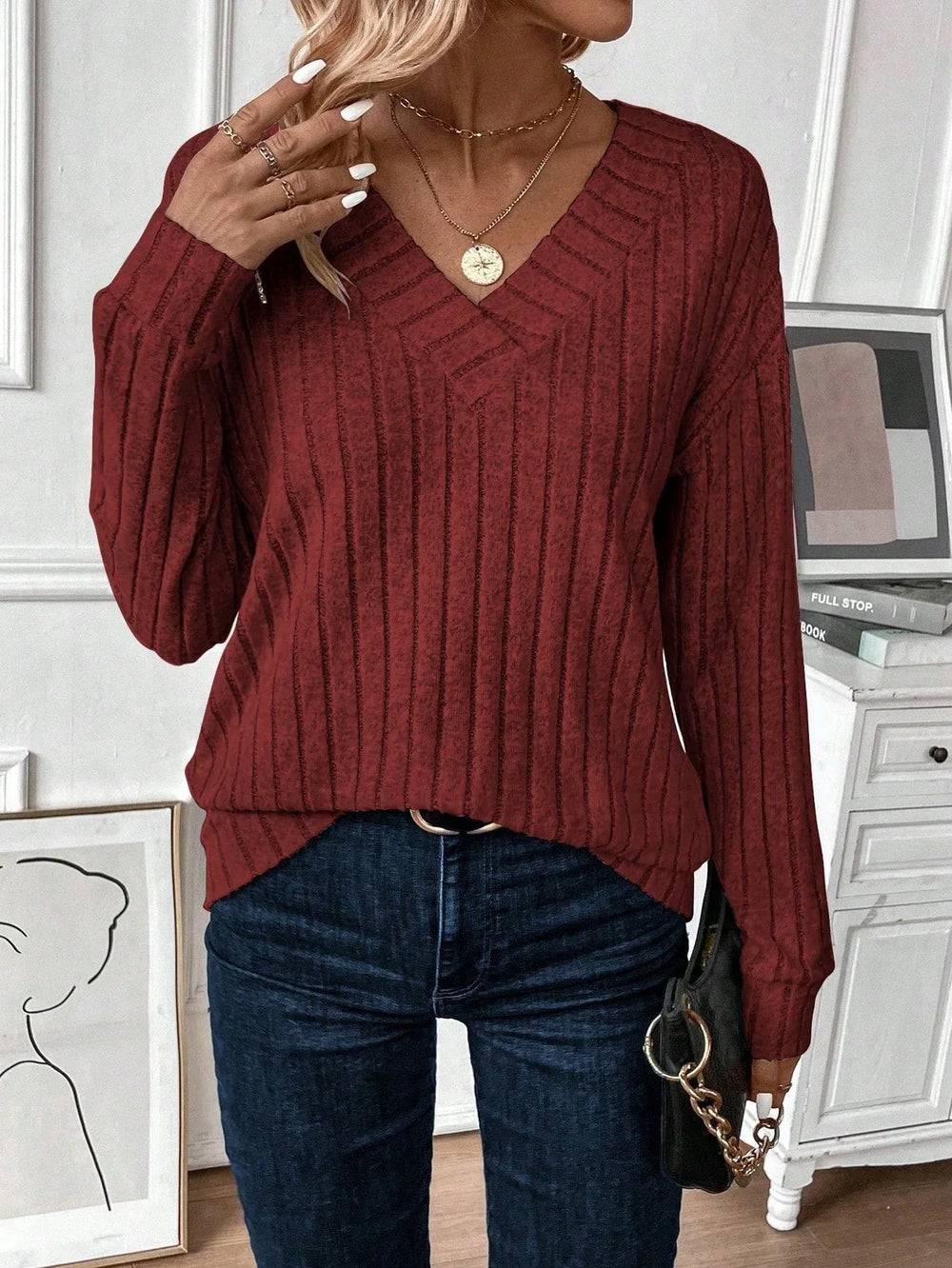 Wide Ribbed V-Neck Knit Top - View 9 | TEVQA