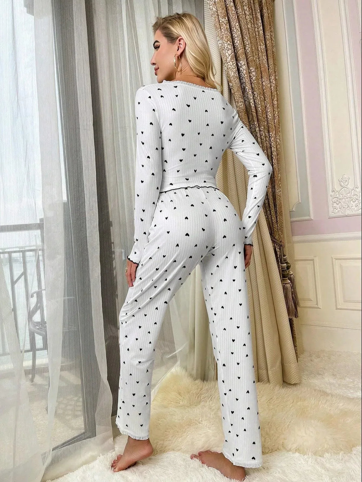 Ribbed pajama set with heart print - View 9 | TEVQA