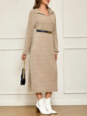 Full outfit shot of a woman in a beige ribbed knit midi dress, white ankle boots, and a black handbag, with a black belt option shown.