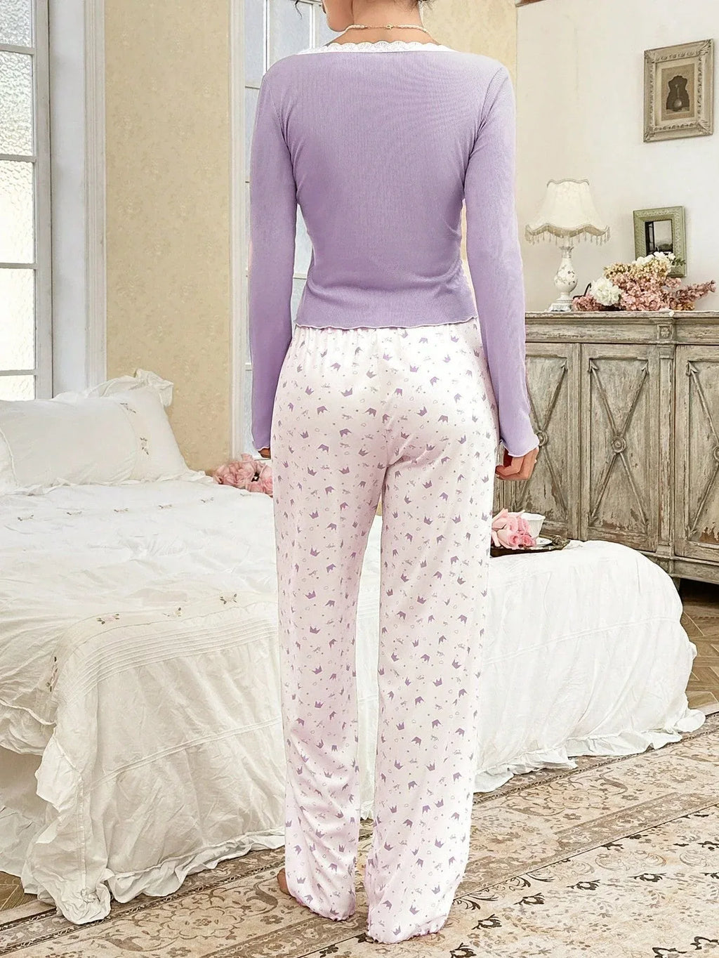 Ribbed knit pajama set with lace trim henley top and crown print bottoms - View 31 | TEVQA