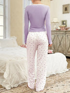 Ribbed knit pajama set with lace trim henley top and crown print bottoms - View 31 | TEVQA
