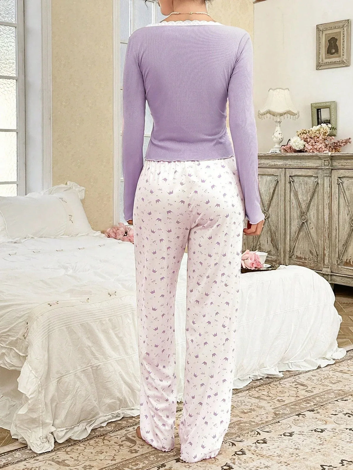 Ribbed knit pajama set with lace trim henley top and crown print bottoms - View 31 | TEVQA