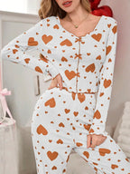 Ribbed Heart Print Pajama Set - View 22 | TEVQA