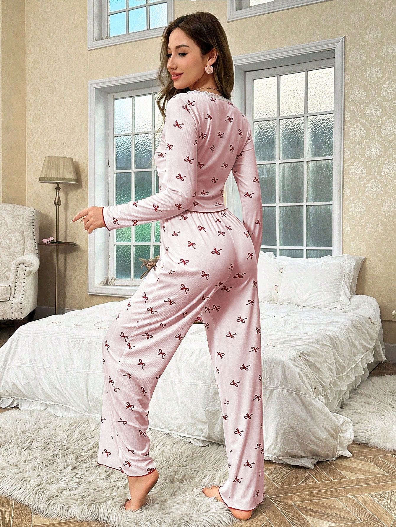Coquette Bow Print Ribbed Pajama Set