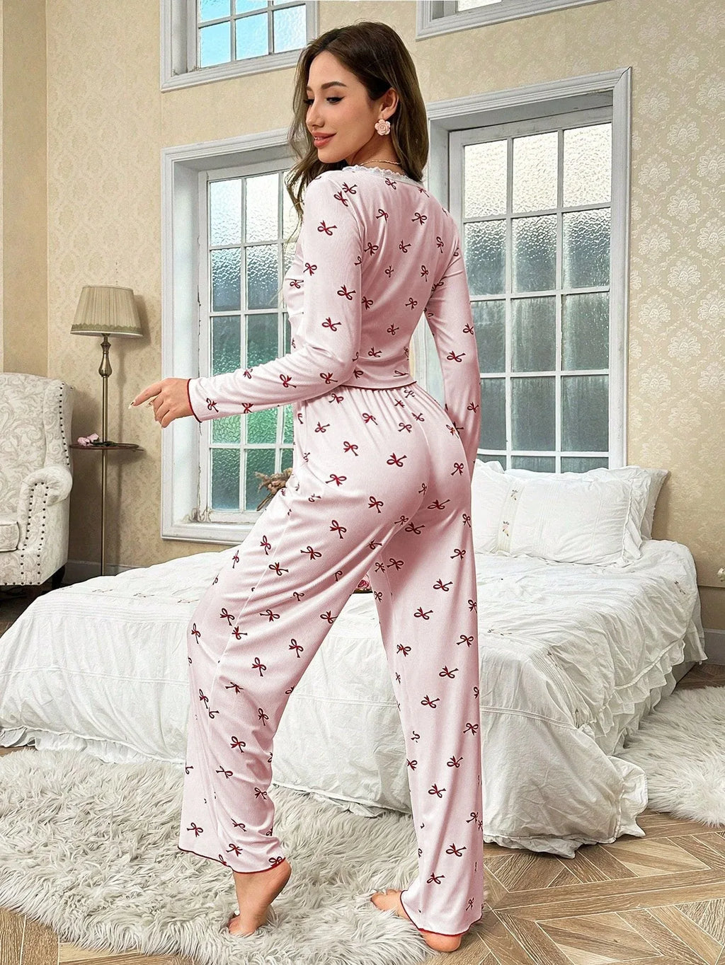 Ribbed pajama set with bow print and v-neckline - View 8 | TEVQA