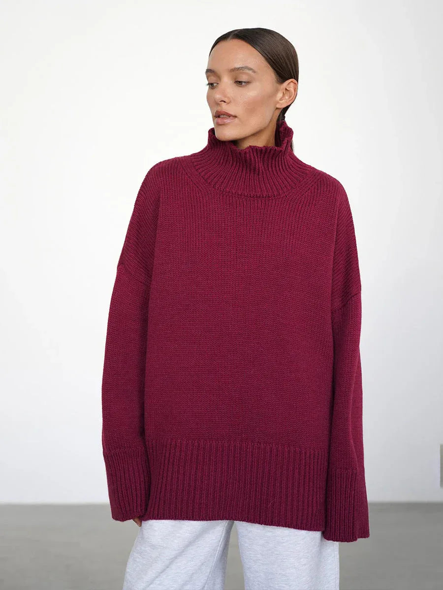 Effortless Oversized High-Neck Ribbed Knit Sweater - TEVQA