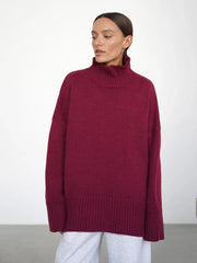 Effortless Oversized High-Neck Ribbed Knit Sweater - TEVQA