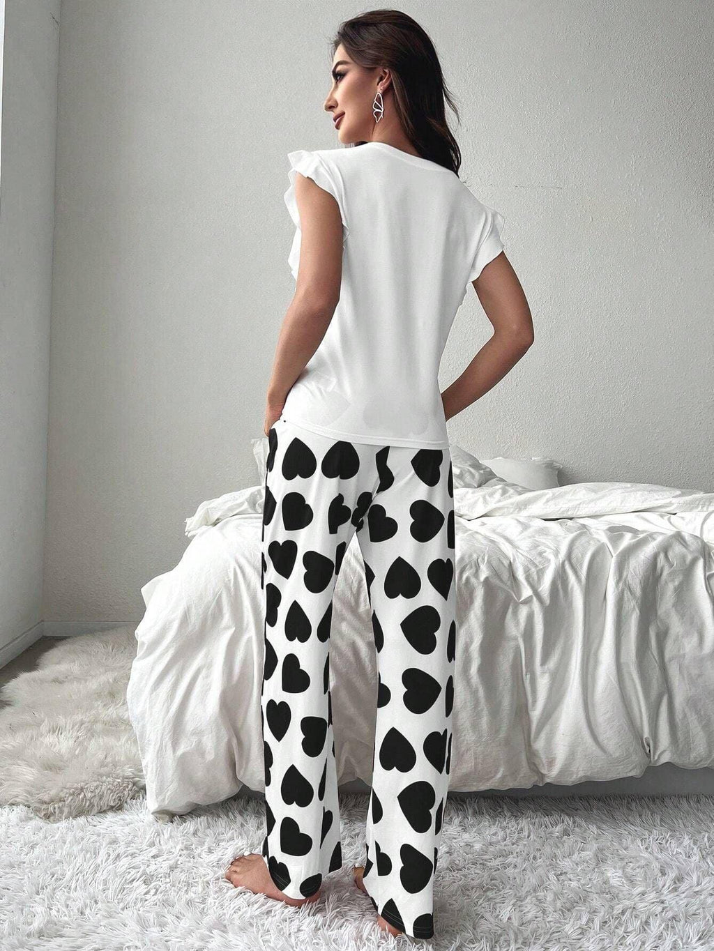 Heart print pajama set with ruffle sleeves - View 8 | TEVQA